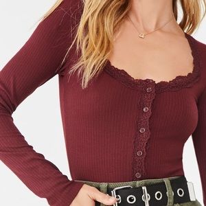 Lace Trim Long sleeve Bodysuit (Burgundy)